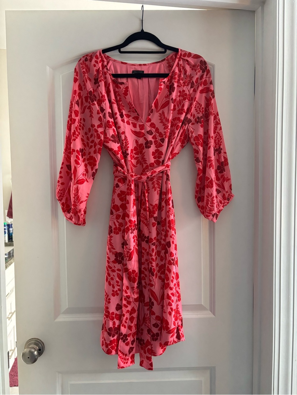 Ann Taylor Pink with Red Floral Wrap Dress